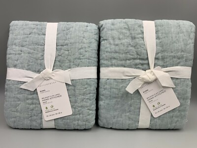 Pottery Barn Belgian Flax Linen Hand Stitched Sham Euro Mineral Blue S/2 #G43-image