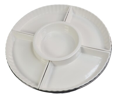 White Ceramic Serving Dish Lazy Susan Chip Dip Appetizer Bowl & Metal Turntable-image
