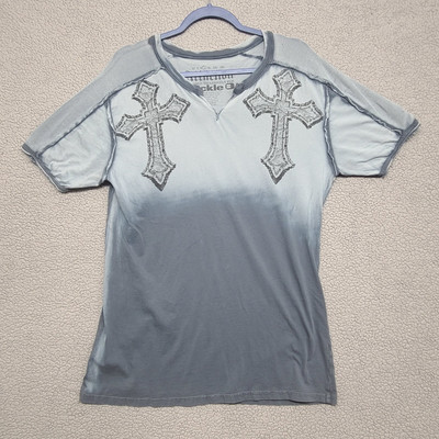 Affliction Shirt Mens Large Blue Y2K Vintage Cross Wings Grunge Dip Dye V Neck-image