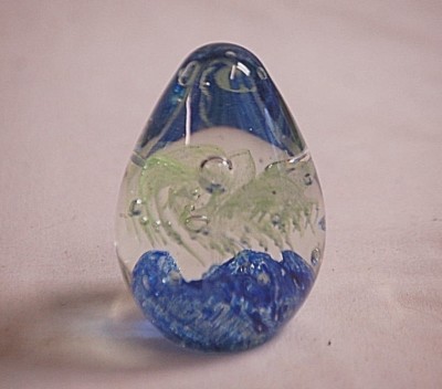 Studio Art Glass Paperweight Blue Waves Oblong Shaped Controlled Bubbles-image
