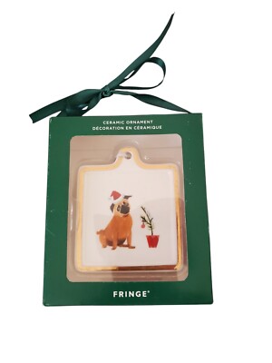NIB Fringe Studio Dog/Pug Square White/Gold Ceramic Ornament-image