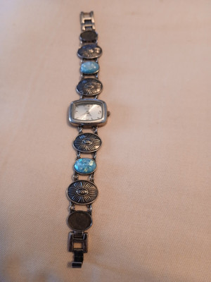 Studio Time Watch Women Silver Tone Blue Resin Turquoise Link Square Face-image