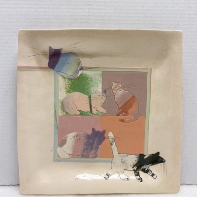 Vintage Signed Kamrass Kiok NYC Studio Pottery Cat Square Platter Plate 11.5”-image