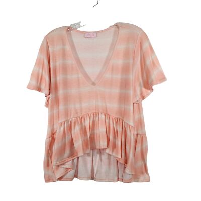 Pink Lily Stripe Shirt Pull Over High Low Dip Flared Ruffle Hem Flutter Sleeve L-image