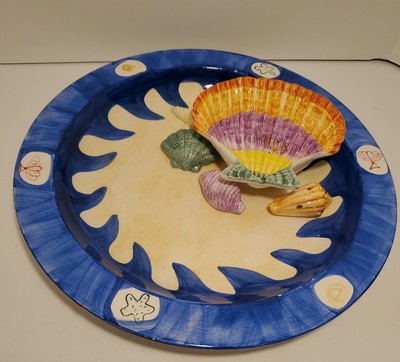Platter 13'' Sea Design With Shells for Dip Blue Large Scallop Shell Ceramic-image