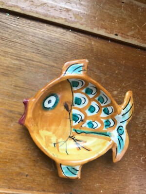 Small Orange & Green Painted Fish Shaped Studio Art Pottery Trinket Dish – 0.5 i-image