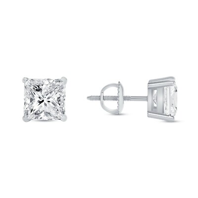 6 Ct Princess Cut Real 14K White Gold Created Diamond Earrings Studs Screw Back-image