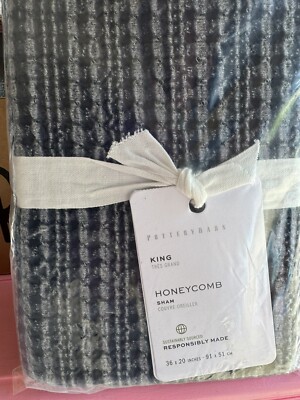 Pottery Barn Honeycomb Waffle Weave Cotton Sham King Chambray Blue New-image