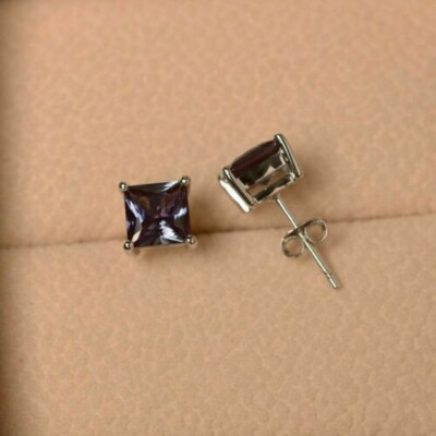 3Ct Simulated Princess Cut Alexandrite Women's Stud Earrings 925 Sterling Silver-image