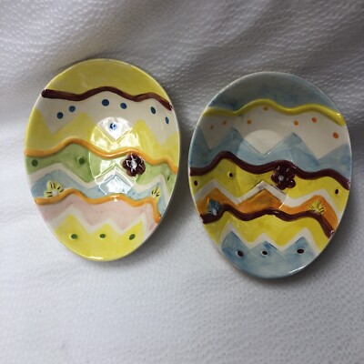 Lot Of 2 Studio 33 Hand Painted Decorated Spring Colored Easter Egg Shaped Bowls-image