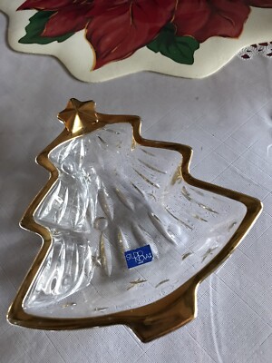 STUDIO NOVA  Gold Trim Christmas Tree Shaped Glass Candy Dish.-image