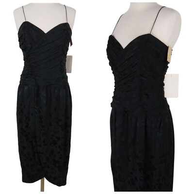 Vintage 90s SILK STUDIO Women's Black Sweetheart Draped Midi Sheath Dress NEW 10-image