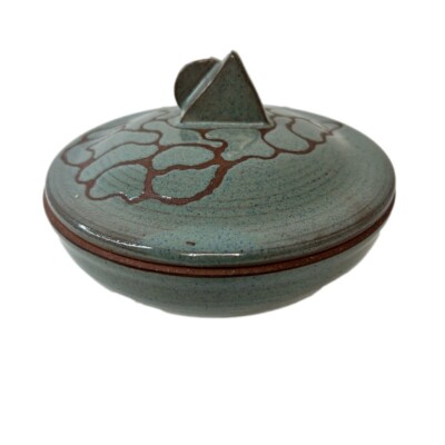 Studio Art Pottery Lidded Dish Glaze Blue & Brown Geometric Shaped Design 5.5” D-image