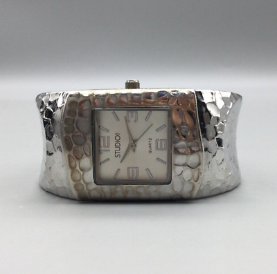 Studio Time Watch Women 27mm Silver Tone Hammered Metal Open Cuff New Battery-image
