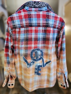 UPCYCLED Flannel Distressed Denim Jumble LOVE Logo Red/Blue OMBRE TieDye DIP L-image