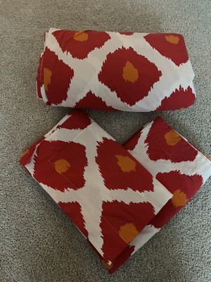 Pottery Barn KIng IKAT Duvet Cover  Red Orange  2 Standard Shams Organic Cotton-image