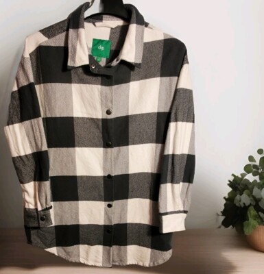 DIP Heavy Flannel Shirt Jacket Shacket Snap Up Black & White Men's Size Large -image
