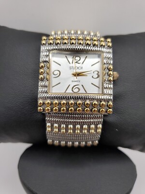Studio Time Ladies Fashion Quartz Watch 31mm Square Silver/Gold Tone Cuff 7