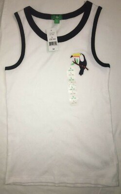 DIP White & Navy Blue Trim Cotton Blend Knit Tank Top Toucan Bird L 12-14 NWTS!-image