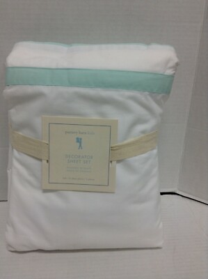 Pottery Barn Kids Cotton Decorator Bed Sheet Set FULL White Aqua Bedroom Bedding-image