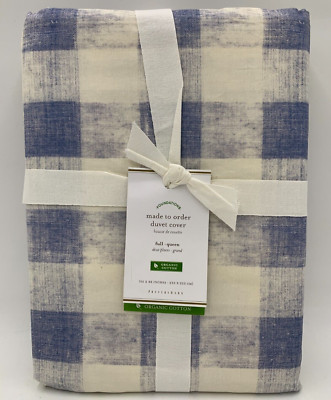 Pottery Barn Rhett Check Organic Percale Duvet Cover Blue Full Queen #N363-image