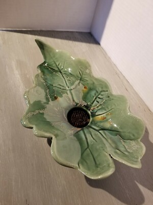 Planter Frog studio pottery leaf shaped signed KM-image