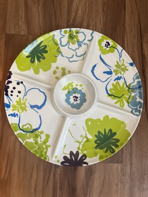 Pier 1 Melamine Flower Lime Green Blue Chip & Dip Bowl Appetizer Tray Divided-image