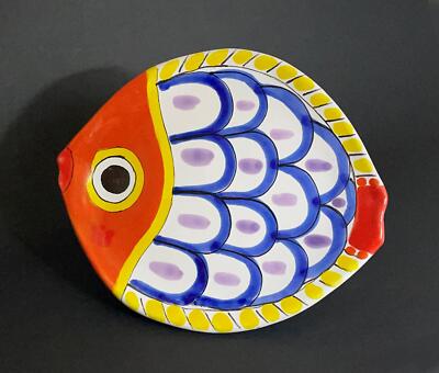VINTAGE DESIMONE ITALIAN STUDIO POTTERY FISH SHAPED PLATE SIGNED RETRO-image