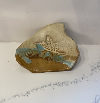 Studio Art Pottery Leaf Trinket Dish Handmade Clay SIGNED 4x3”-image