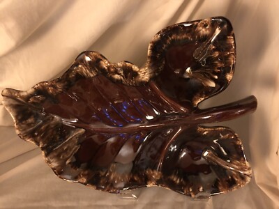 Vintage HULL Pottery Large Leaf Chip & Dip Tray #621 Mirror Brown Drip Glaze -image