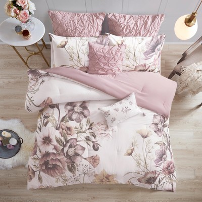 Floral Queen Comforter Set, Cotton Rich Bedding Set Feminine Design Shabby Ch...-image