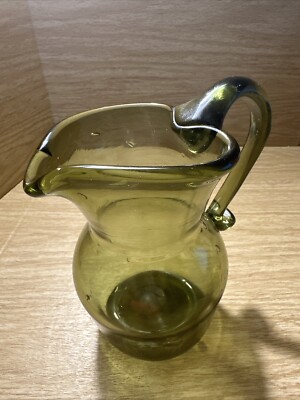 VTG  Heart Shaped Green Blown Art Glass Pitcher Vase Applied Handle Air Bubble-image