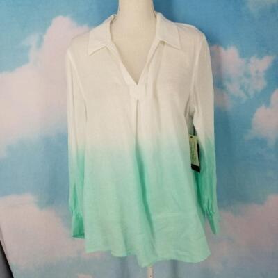 Vince Camuto Aqua White Dip Dye Linen Top Size Large NWT-image