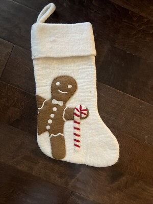 New West Elm X PBK Cream Felted Wool Gingerbread Man Christmas STOCKING No Mono-image