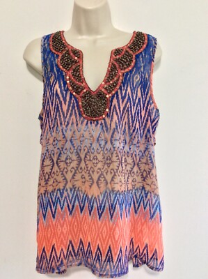 Studio Y Tank Top Blue Peach Aztec Embellished Neck Sheer Sweetheart Neck-image