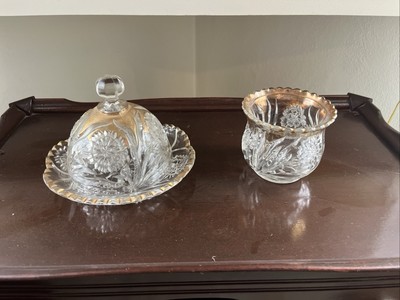 EAPG Domed Butter Dish (Cheese Dip) Gold accent (Large, Heavy) Etched Glass-image