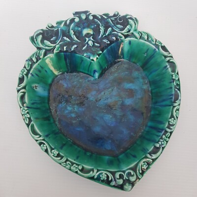 VINTAGE DRIP GLAZE Trinket Dish Bowl POTTERY STUDIO ART Signed Heart Shaped-image