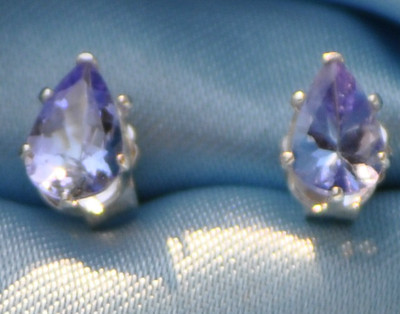 ONE PAIR 6mm x 4mm PEAR SHAPED  TANZANITE  .925 STERLING SILVER STUDS-image