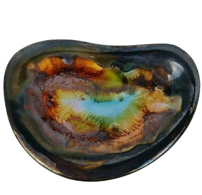 Studio Art Pottery Blue Green Brown Glazed Small Trinket Dish Bowl 4.75