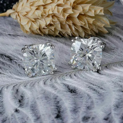 3.40 Cushion Cut Lab Created Moissanite Studs Earrings In 14k White Gold Plated-image