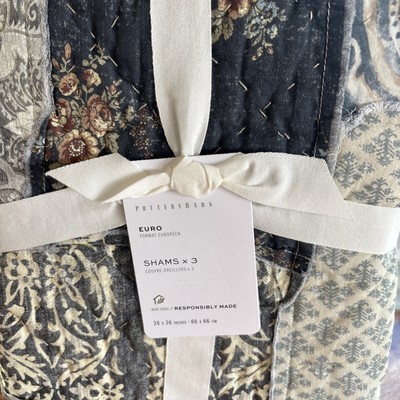 3 Pc Set  Pottery Barn Euro Pillow Shams  Delaney Handcrafted Patchwork  Quilted-image