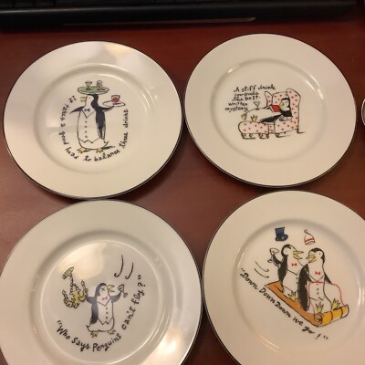 (4) Pottery Barn~”PENGUIN”~7.75” Appetizer Plates~All Different~Drinking Themed~-image
