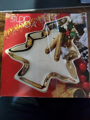 SEALED Christmas Tree Shaped Ceramic Candy Dish Shine Gold Vintage Studio Nova-image