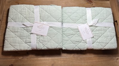 2 Pottery Barn BELGIAN FLAX LINEN Diamond Standard Shams Quilted Mint Green-image