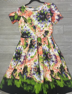 NWT Vintage Lularoe Large Amelia Dress Coral Green Dipped Tie Dye Unicorn-image