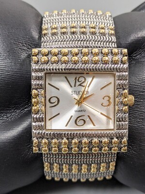 Studio Silver Tone Dial Two Tone Square Textured  Hinge Bracelet Band Watch 6 in-image