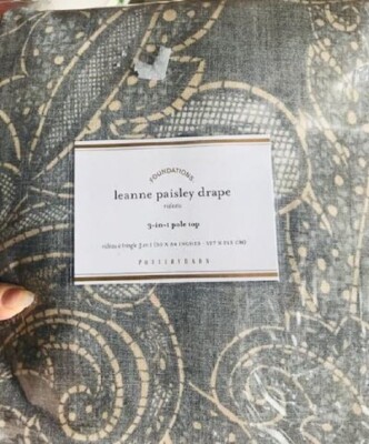 Pottery Barn Leanne Paisley Drapes Set 2 Gray 50x 84 Curtains Pole Top Pair New-image