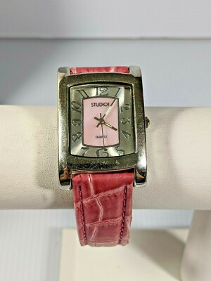 Studio Silver Tone Pink Faux Leather Band Square Face Watch 8.5 Inch-image