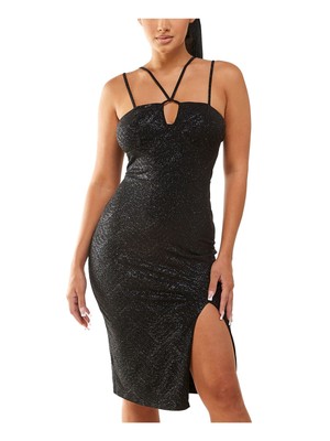 CITY STUDIO Womens Black Padded Lined Slit Spaghetti Strap Dress S-image