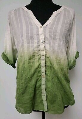 Tiny Brand Anthro 3/4 Tab Sleeve Cream/Grn Dip Dye Button Blouse Lightweight EUC-image